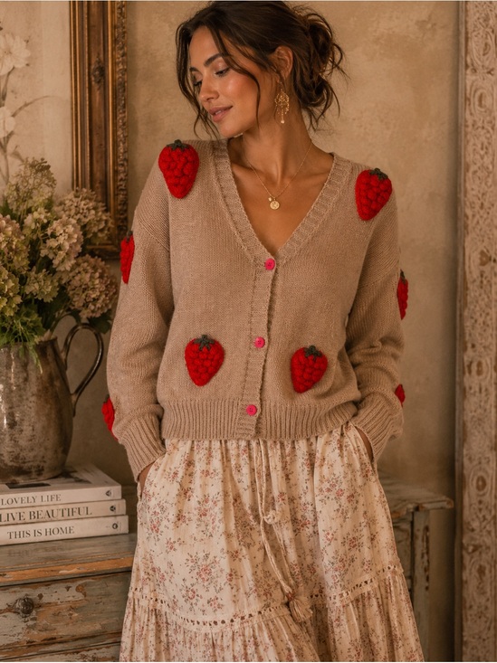 Source Unknown Sweaters - Whimsical Strawberry Appliqué Cottagecore Cardigan Sweater 🍓